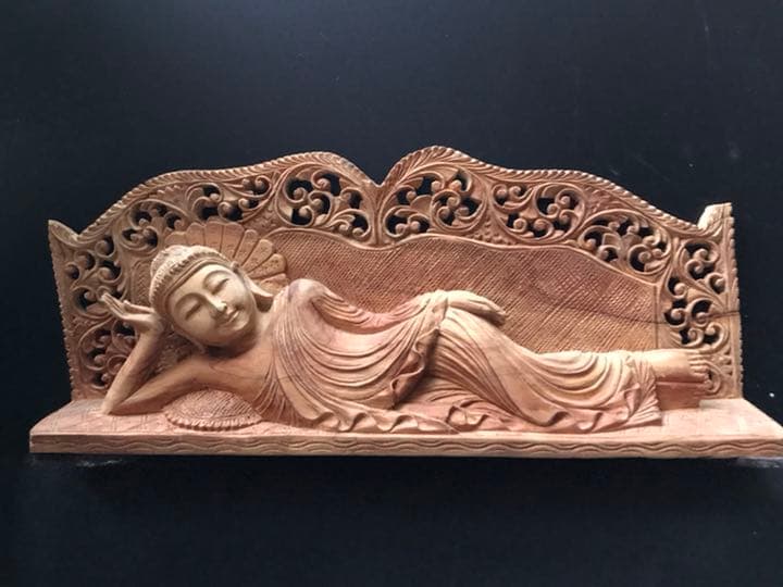 香道　寝釈迦像　仏像アンティークW24cm細密手彫刻木製　飾り　茶道具　作家物