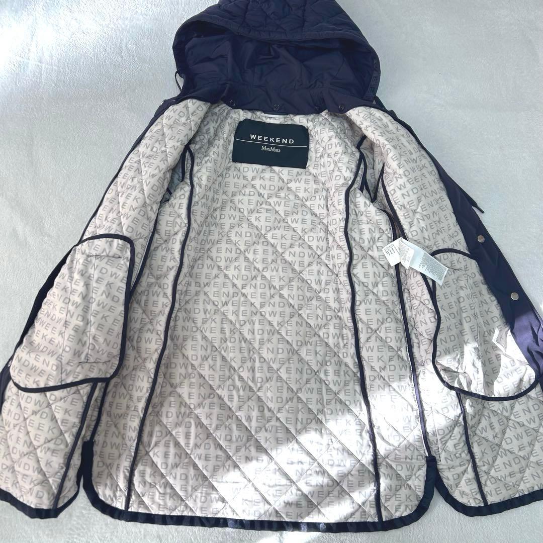 極美品✨マックスマーラ　キルティング　総ロゴ 総柄　フード　コート　ネイビー