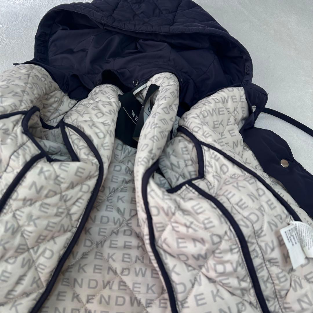 極美品✨マックスマーラ　キルティング　総ロゴ 総柄　フード　コート　ネイビー