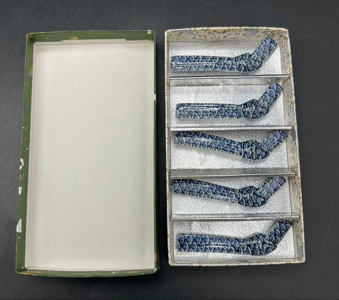 陶器　京焼　清水焼　青海波　音羽山焼　箸置き　5個 平安　手描き　染付　未使用品