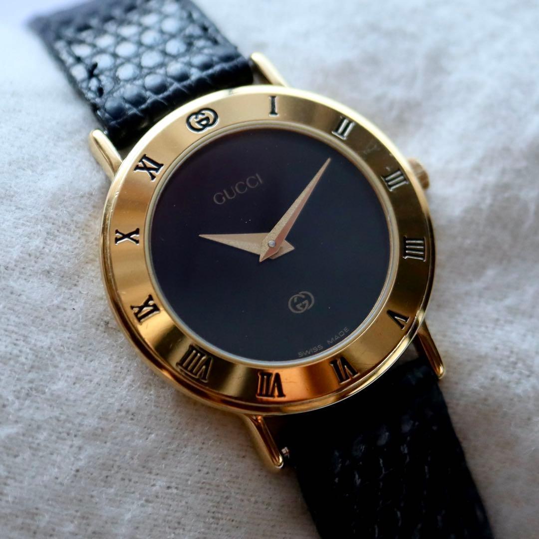 GUCCI ローマンベゼル ブラック文字盤 ゴールド レディース腕時計 1375