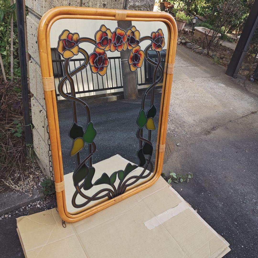 レトロ アールヌーボー様式 ステンドグラス 大型壁掛け鏡 ミラーH96.5㌢