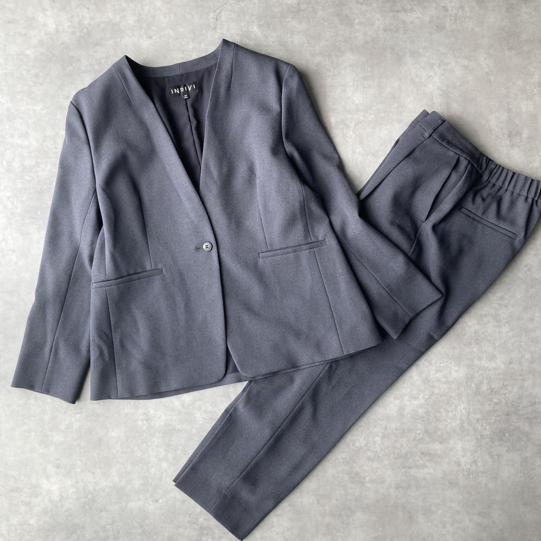 美品✨️インディヴィ パンツスーツ セットアップ ノーカラー 洗える L