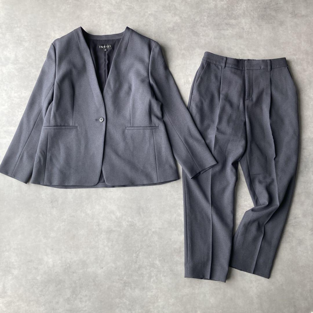 美品✨️インディヴィ パンツスーツ セットアップ ノーカラー 洗える L