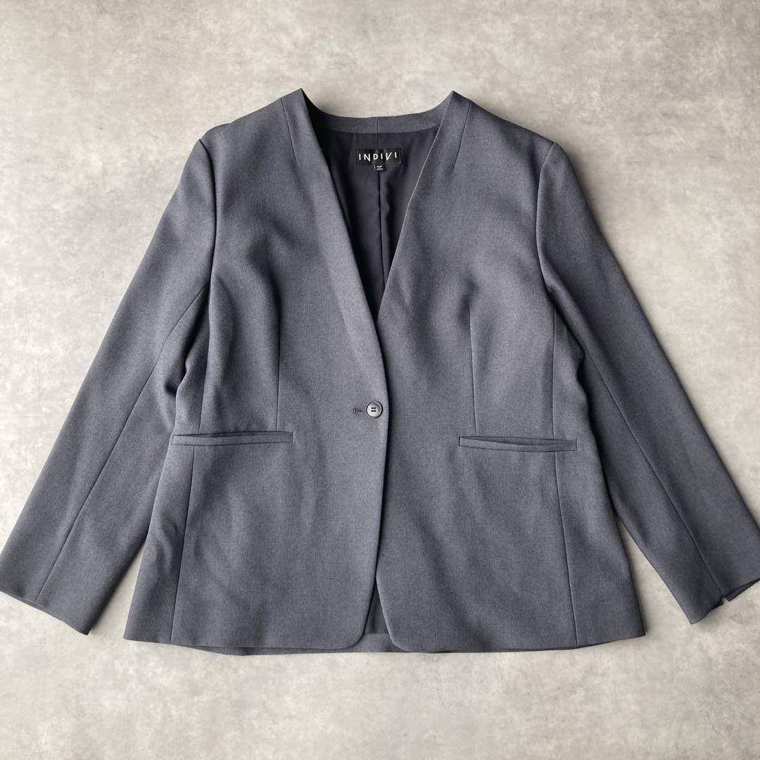 美品✨️インディヴィ パンツスーツ セットアップ ノーカラー 洗える L