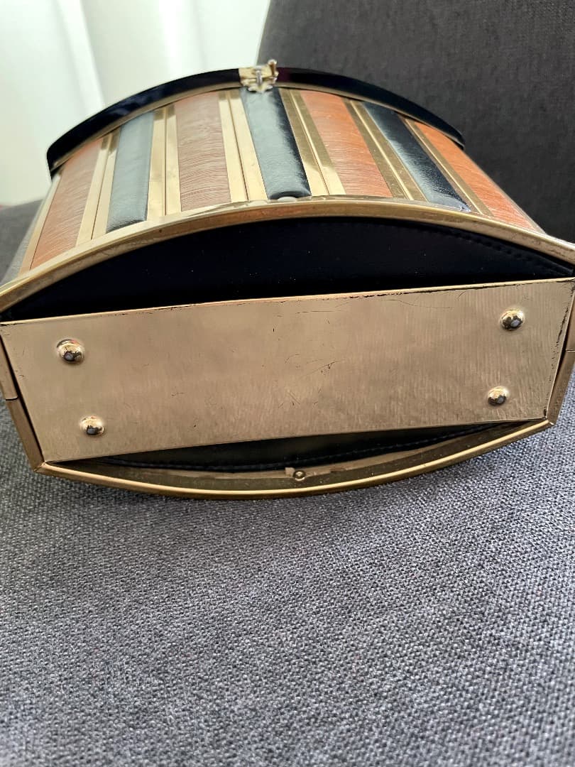 レア ヴィンテージ ストライプデザイン 木製 & レザー バスケット 1950s