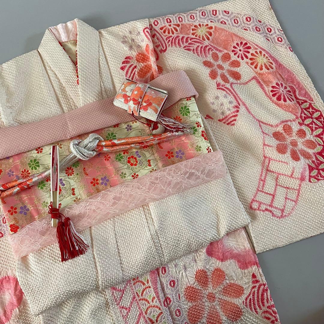 七五三　7歳　正絹　総絞りのお着物セット　大寸作り帯
