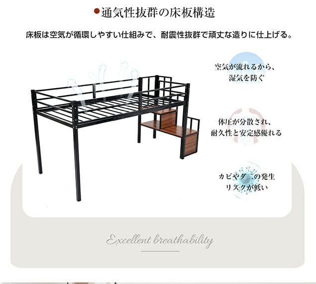 新作 ブラック　ロフトベッド パイプベッド 階段付き 北欧風 Black