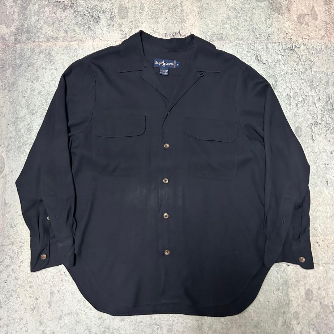 90s Ralph Lauren レーヨン オープンカラーシャツ　黒紺 50s