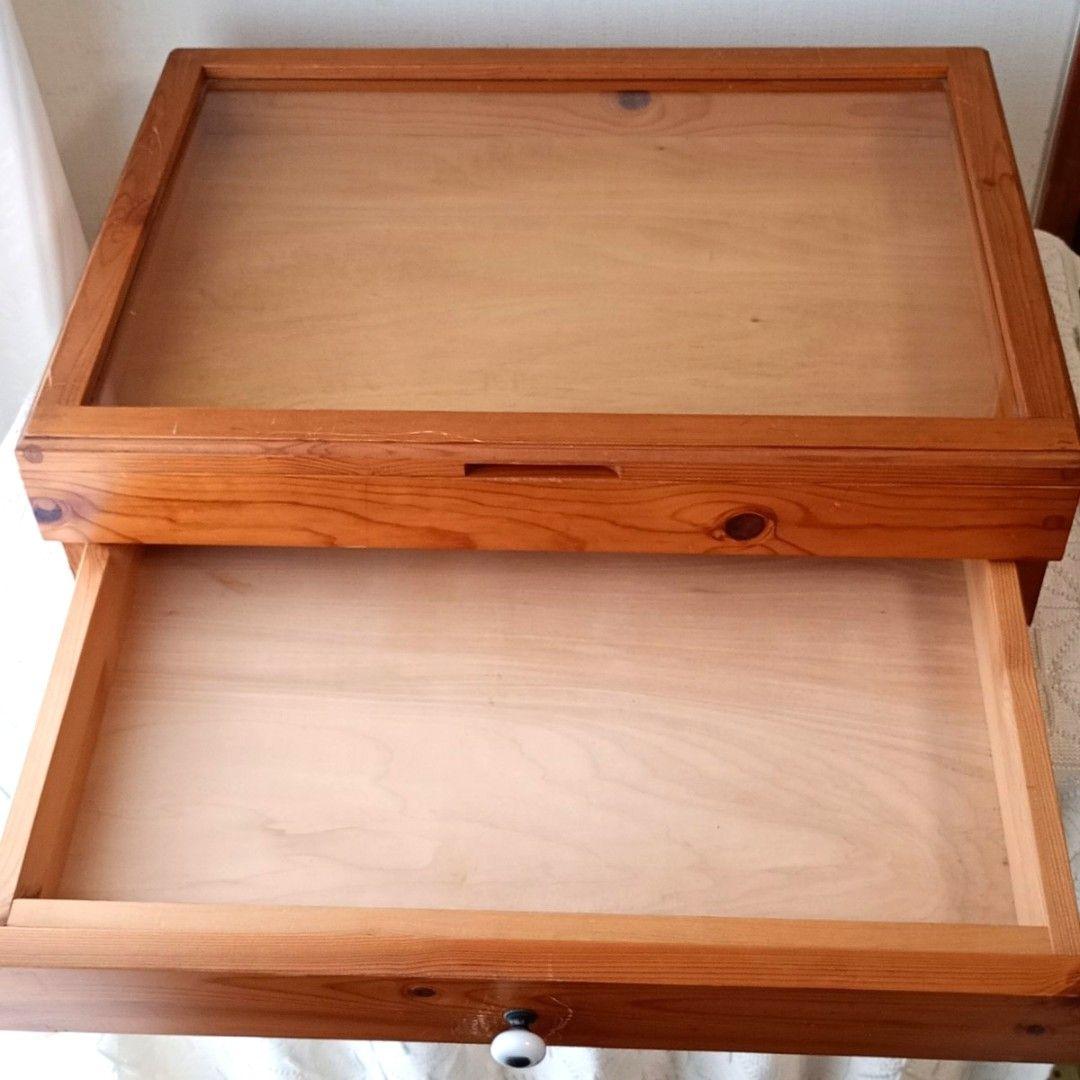 木製アンティークコレクションケース　天板ガラス　白ツマミ　引き出し　大きめサイズ