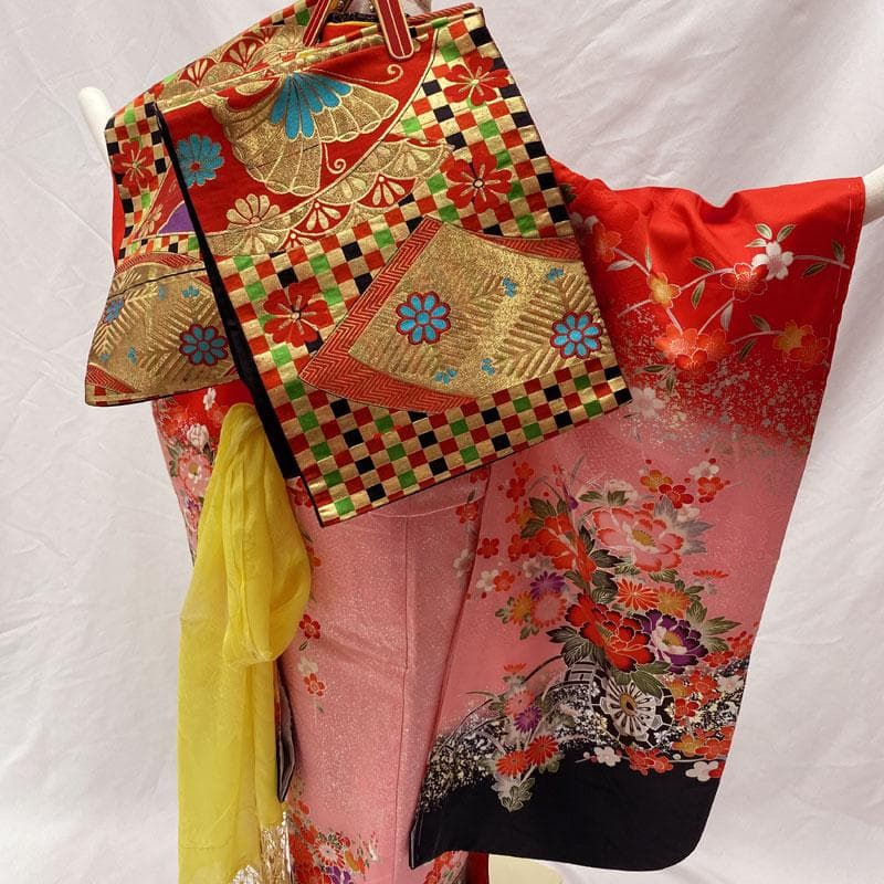 410ag127◎七五三 七歳 女児 着物&袋帯 古典柄 金銀彩◎未使用品