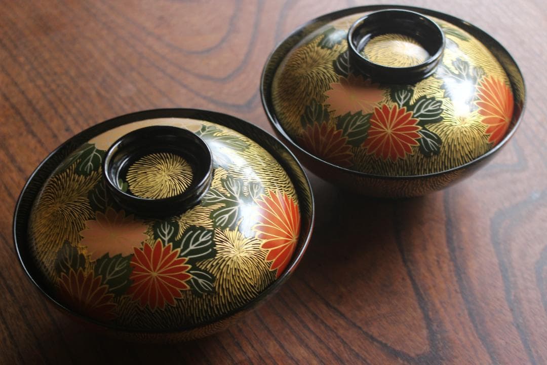 専用！上質黒漆に極上菊詰沈金蒔絵のお椀3点（検輪島塗蒔絵椀雑煮椀