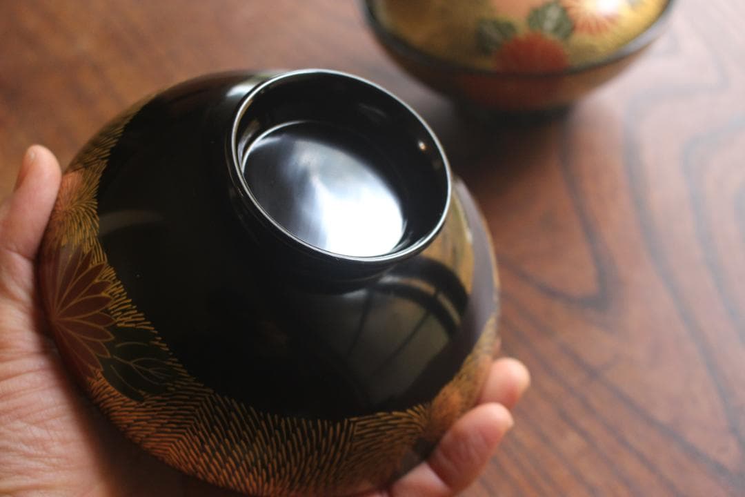 専用！上質黒漆に極上菊詰沈金蒔絵のお椀3点（検輪島塗蒔絵椀雑煮椀