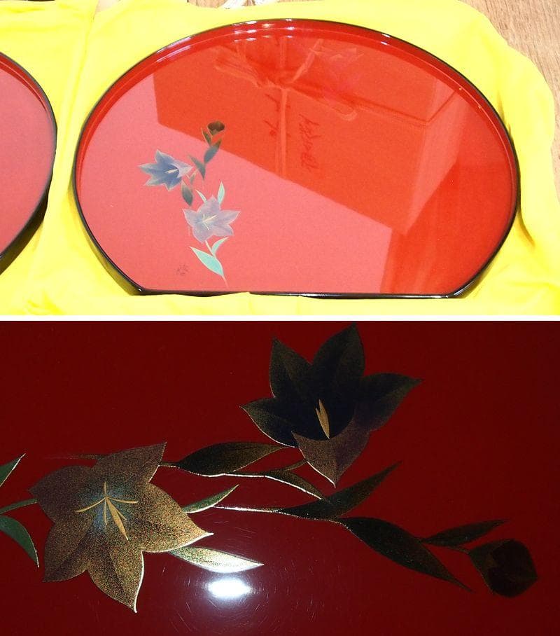 【ほぼ未使用】輪島塗 五作家合作 絵変わり蒔絵 朱塗 卓上膳5客 半月膳/会席膳