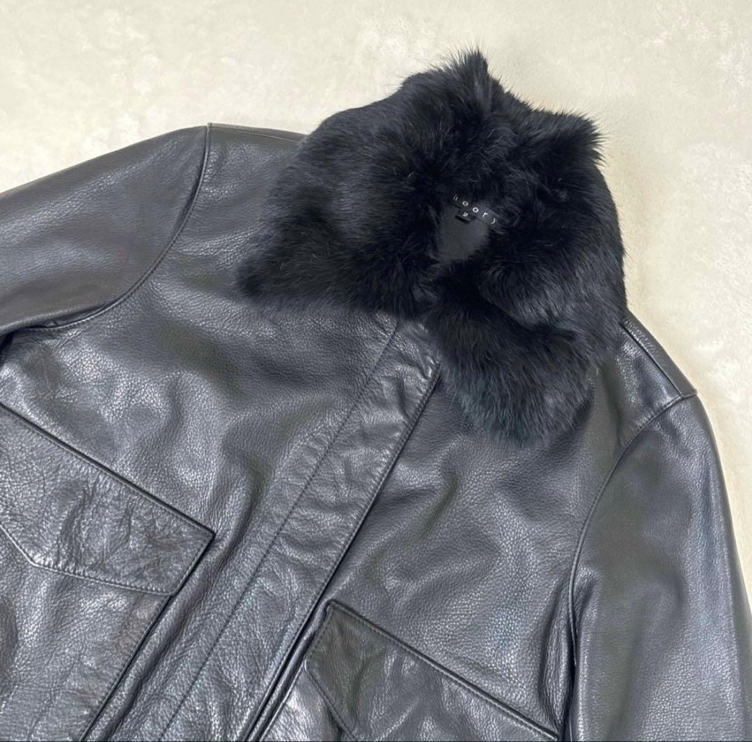 【美品・本革】セオリー 2way ラビットファー レザージャケット 牛革 黒 M
