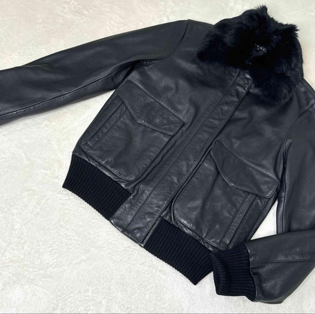 【美品・本革】セオリー 2way ラビットファー レザージャケット 牛革 黒 M