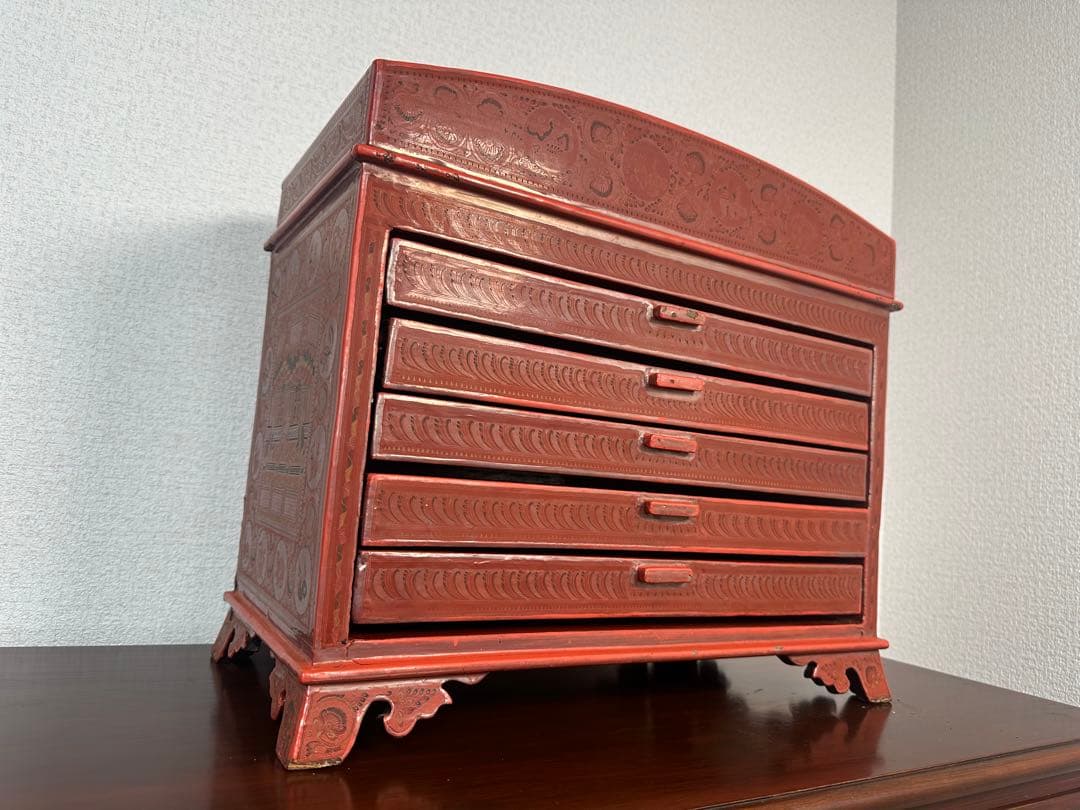 ミャンマー アンティーク 漆器 蒟醤 細密画 収納箱 引き出し 5段 ※31※