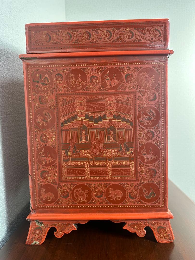 ミャンマー アンティーク 漆器 蒟醤 細密画 収納箱 引き出し 5段 ※31※