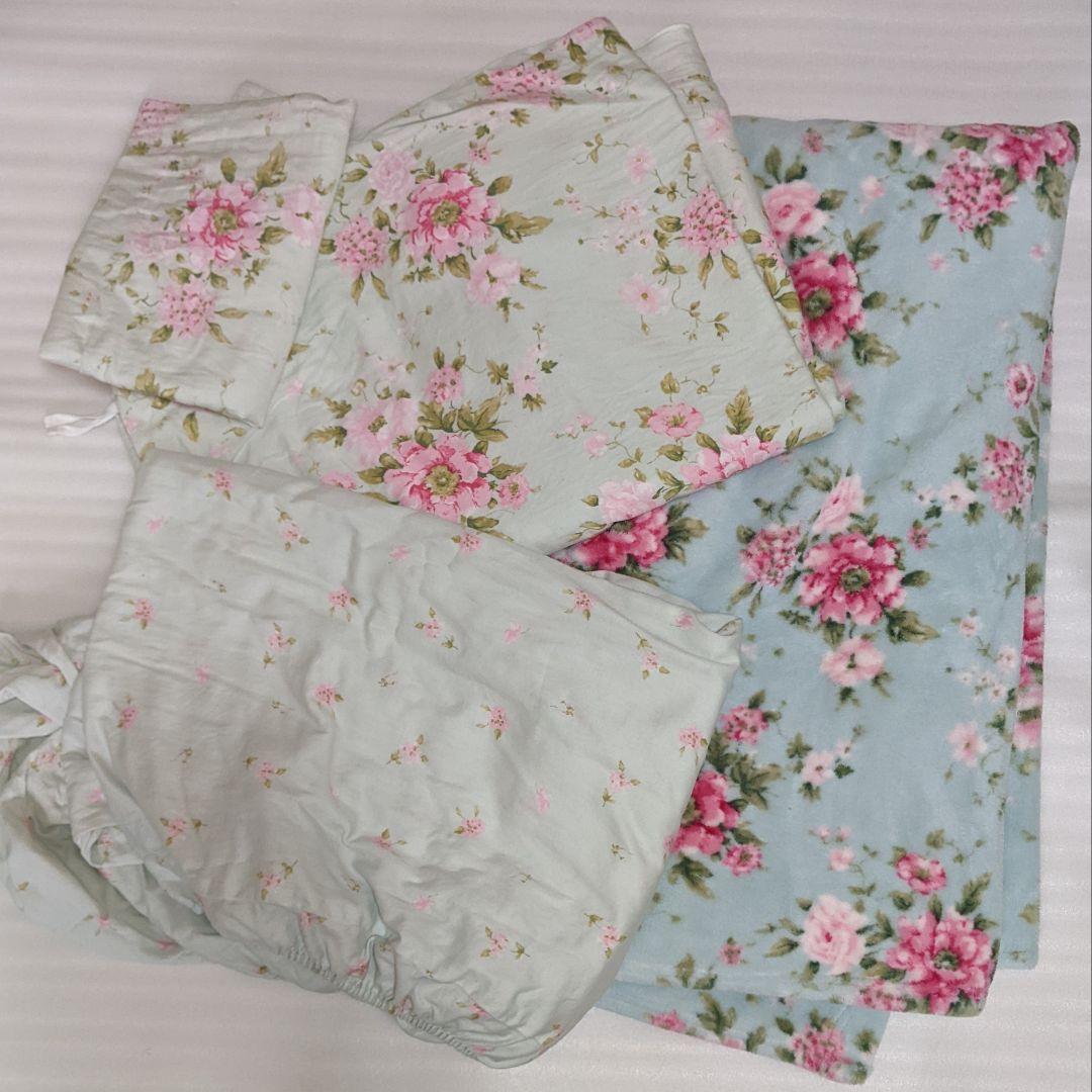 2組 ローラアシュレイ シングル ベッドカバー ボックスシーツ 枕カバー 毛布