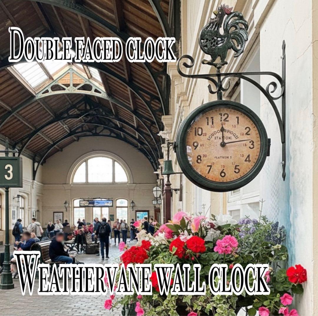 おしゃれな壁掛け時計 アンティーク 風見鶏top 両面時計 艶無しブラック