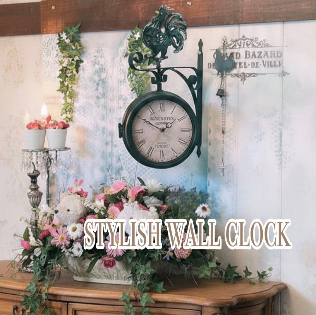 おしゃれな壁掛け時計 アンティーク 風見鶏top 両面時計 艶無しブラック