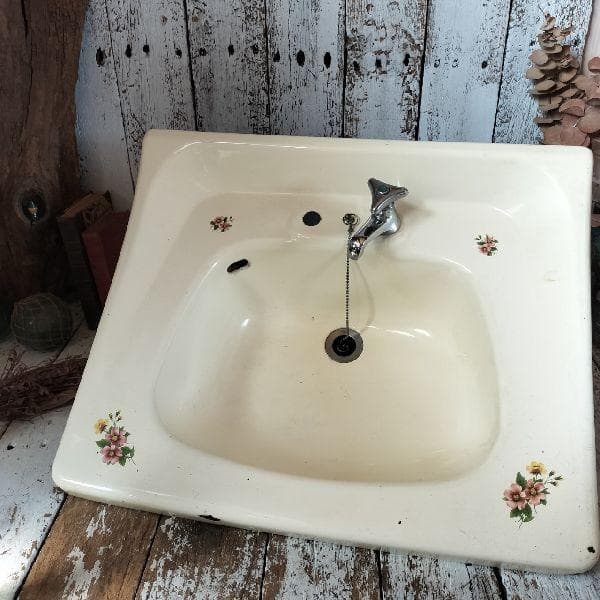 ヴィンテージ ホーロー ベイスン シンク 花柄 洗面台 琺瑯 流し 手洗いDIY