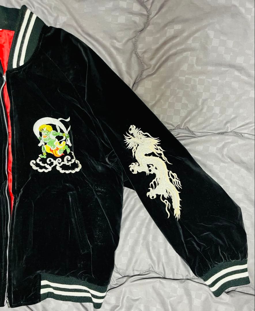 最終価格　風神雷神 龍神 黒 別珍 ベロア スカジャン 和柄 希少 レア