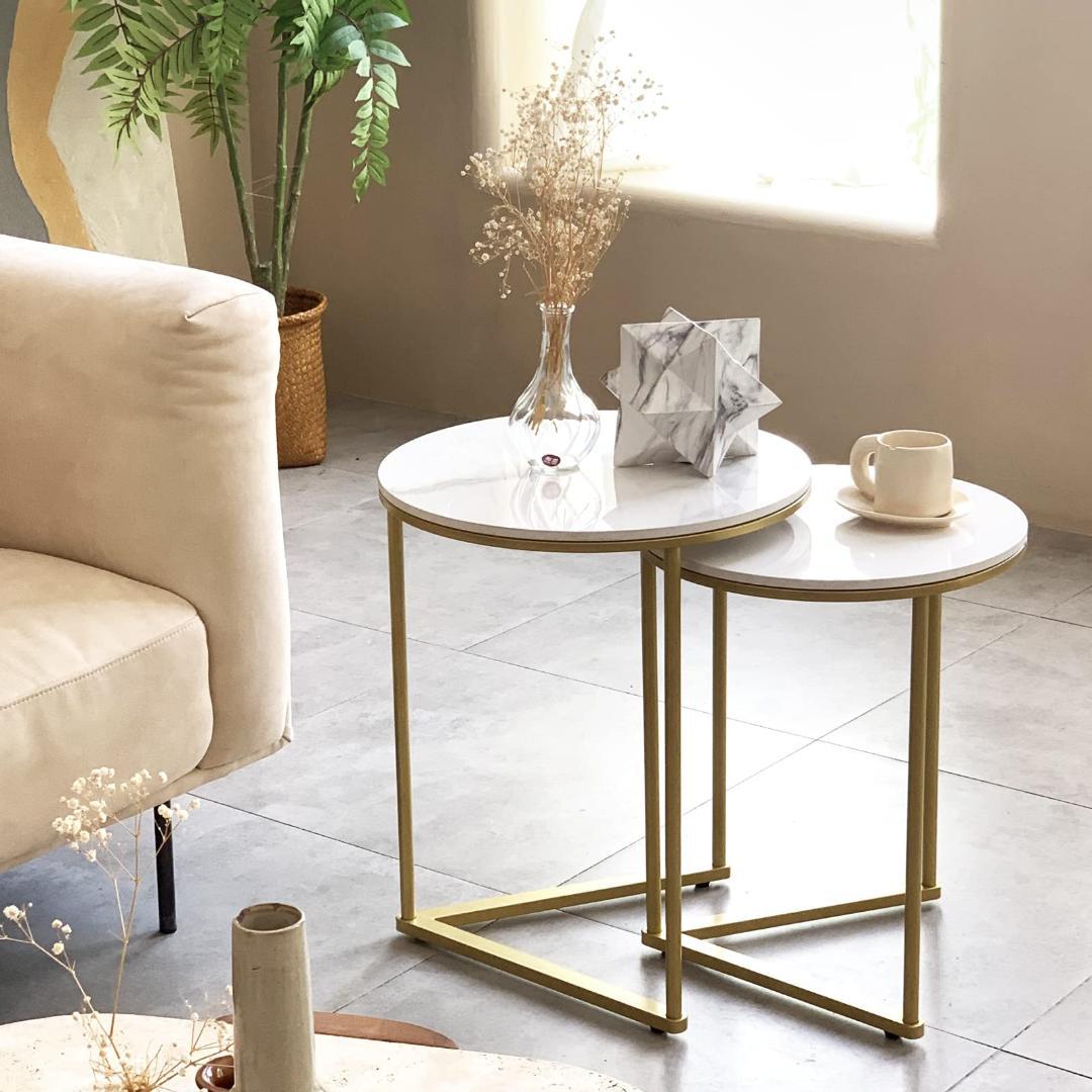 エレガント 焼結石ゴールド脚 ネストテーブルセット 2脚