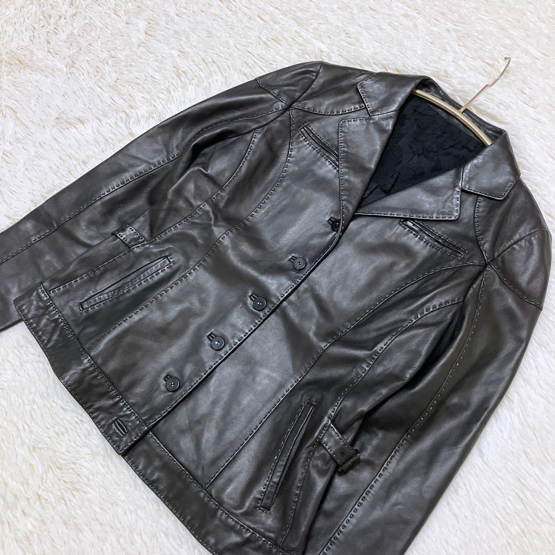 【美品】ROCHAS シープスキン レザージャケット レース 濃茶　Mサイズ