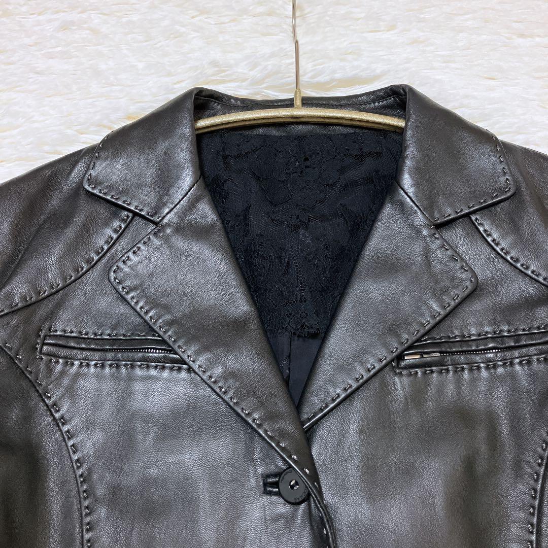 【美品】ROCHAS シープスキン レザージャケット レース 濃茶　Mサイズ