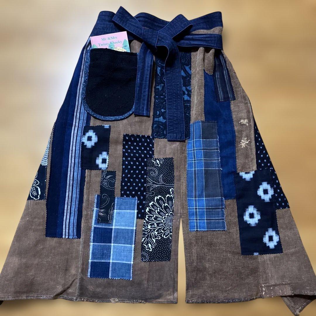 柿渋染め酒袋古布型染め雪ん子格子、縞木綿庄内刺し子ポケットリメイク前掛けエプロン