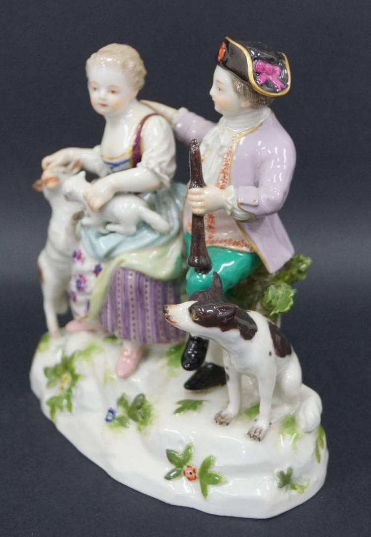 オールドマイセン MEISSEN『羊飼いの男女(犬と羊の親子)』陶器人形置物