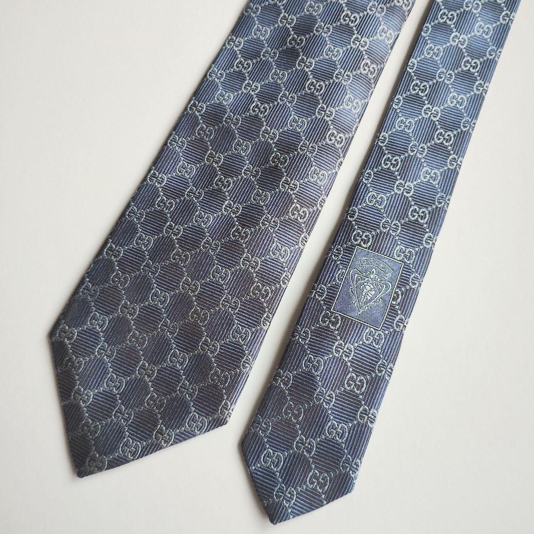 【美品】グッチ ネクタイ ブルー系 GGチェーン ジャガード 高級【イタリア製】