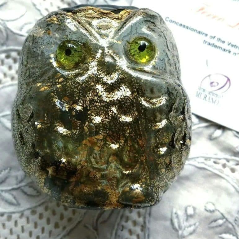 ムラーノガラス　置物　オーナメント　ふくろう　ゴールドグリーン　ベネチアンガラス