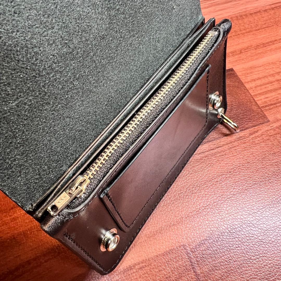 【トラッカーウォレットミドル 3層】ブラック 北米ステア シルバー YKK