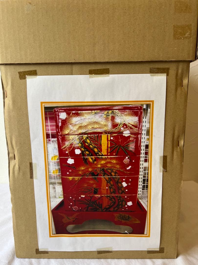 華やかな新年に！新品未使用会津塗五段重箱台付き　 慶事松竹梅鶴亀柄