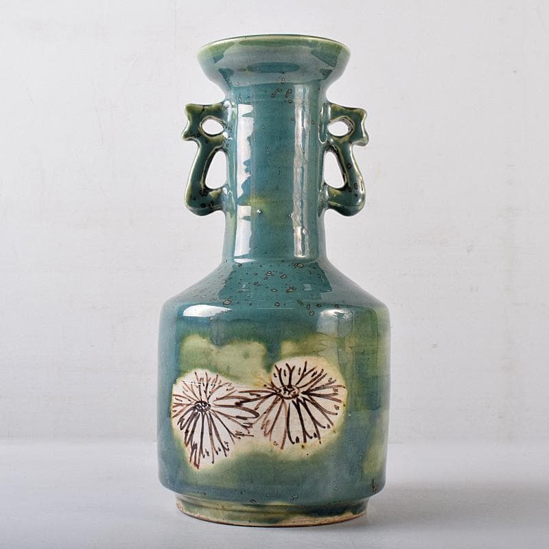 北大路魯山人作　織部焼　花文　耳付花瓶　黒田陶々庵極箱　M　R8680B