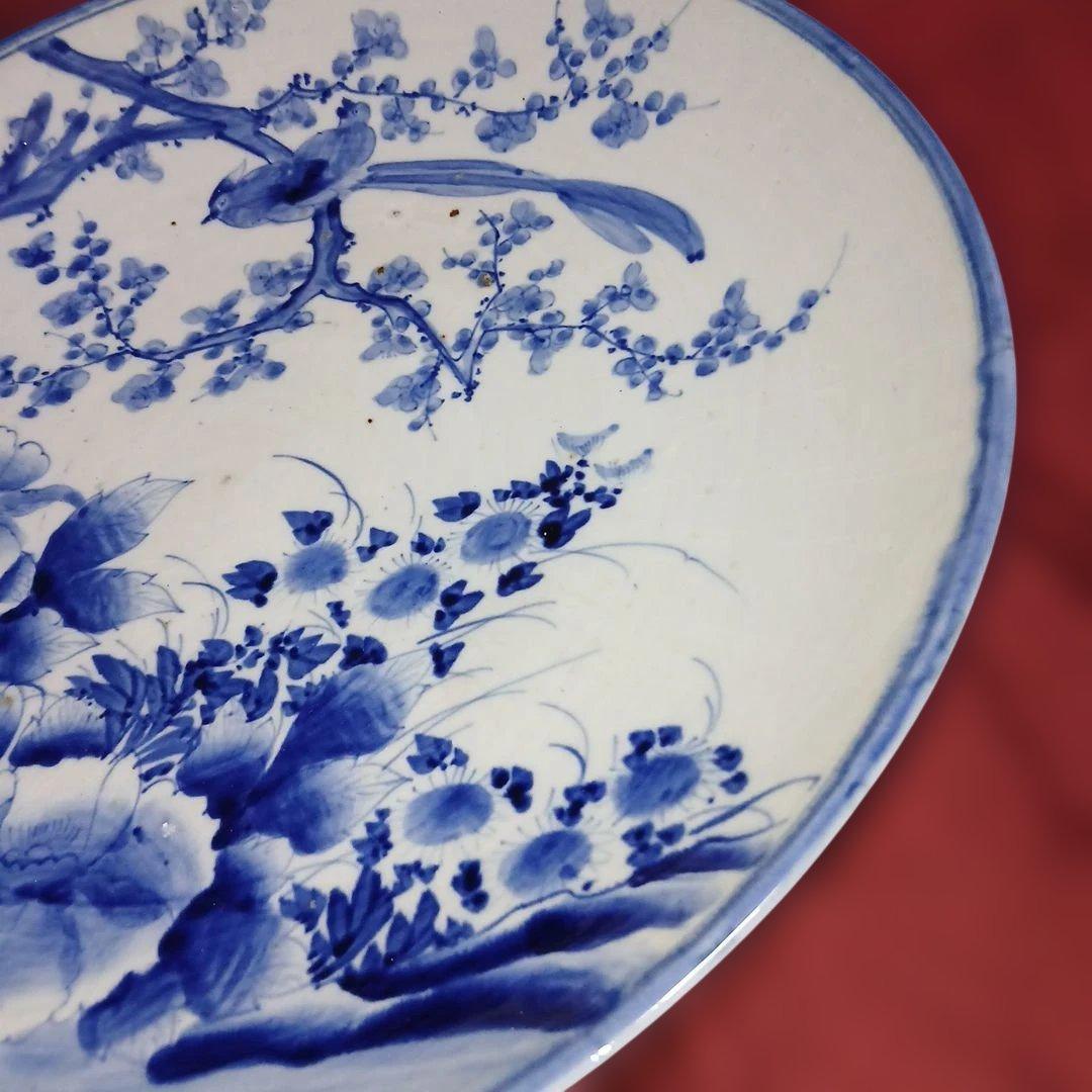 レトロヴィンテージ大皿、サイズ46センチ青い花と鳥の陶器プレート