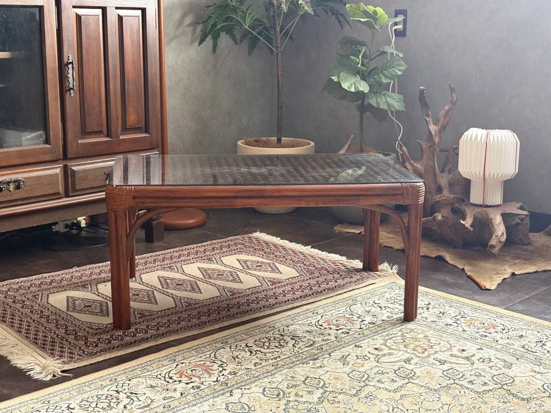 ラタン　ガラステーブル　センターテーブル　ローテーブル　ビンテージ　IZ