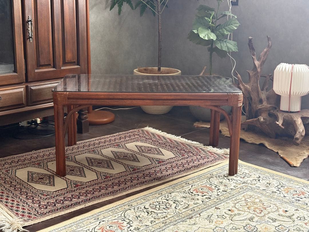 ラタン　ガラステーブル　センターテーブル　ローテーブル　ビンテージ　IZ