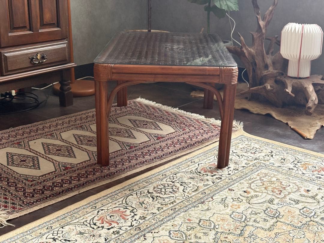 ラタン　ガラステーブル　センターテーブル　ローテーブル　ビンテージ　IZ