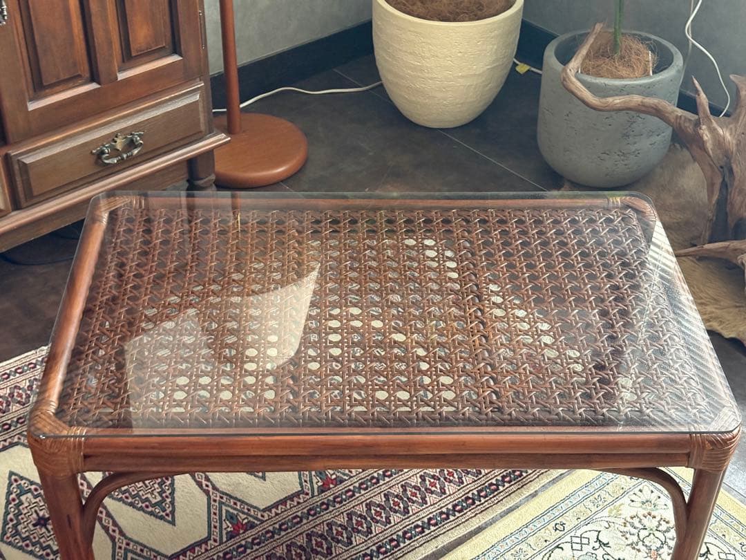 ラタン　ガラステーブル　センターテーブル　ローテーブル　ビンテージ　IZ