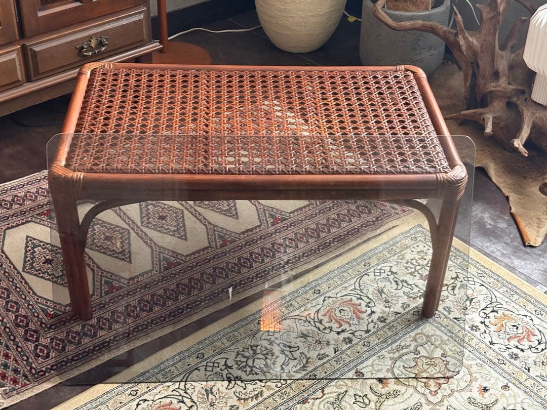 ラタン　ガラステーブル　センターテーブル　ローテーブル　ビンテージ　IZ