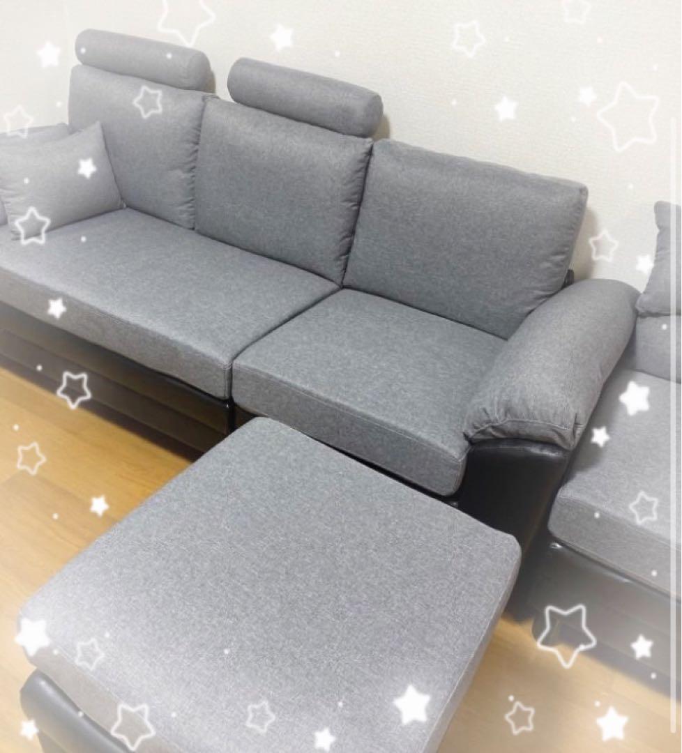 新品　ソファ　ソファー　3人掛け　レザー調　グレー×ブラック　組み替え自由