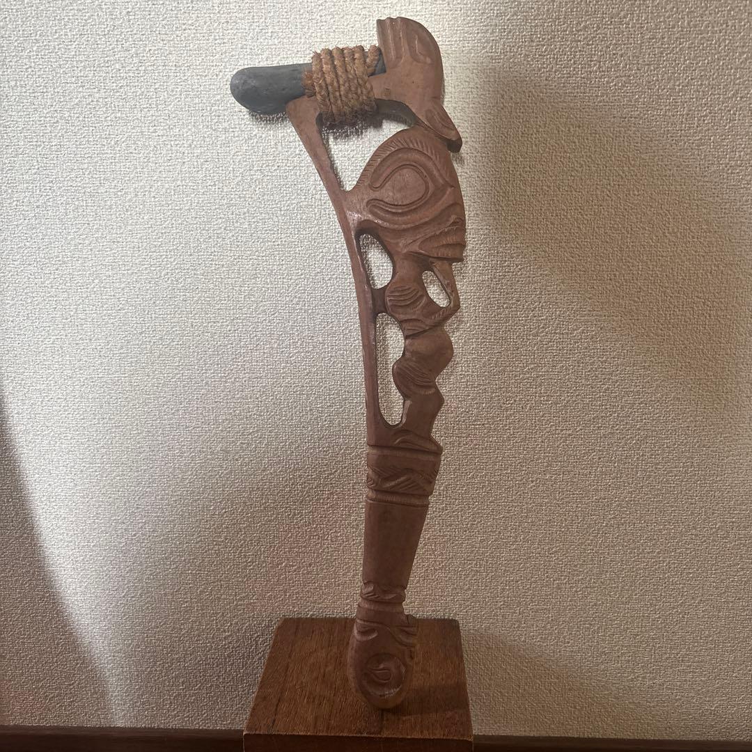 特大37cm 民族アート 木彫り 仮面モチーフ 装飾棒 呪術レプリカ