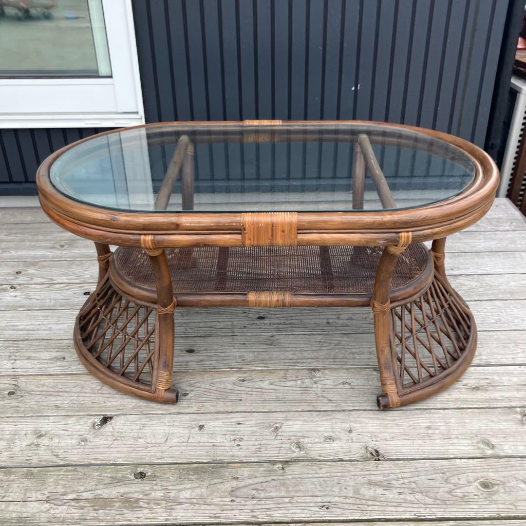 昭和レトロ ヴィンテージ ラタンオーバルテーブル センターテーブル 楕円形