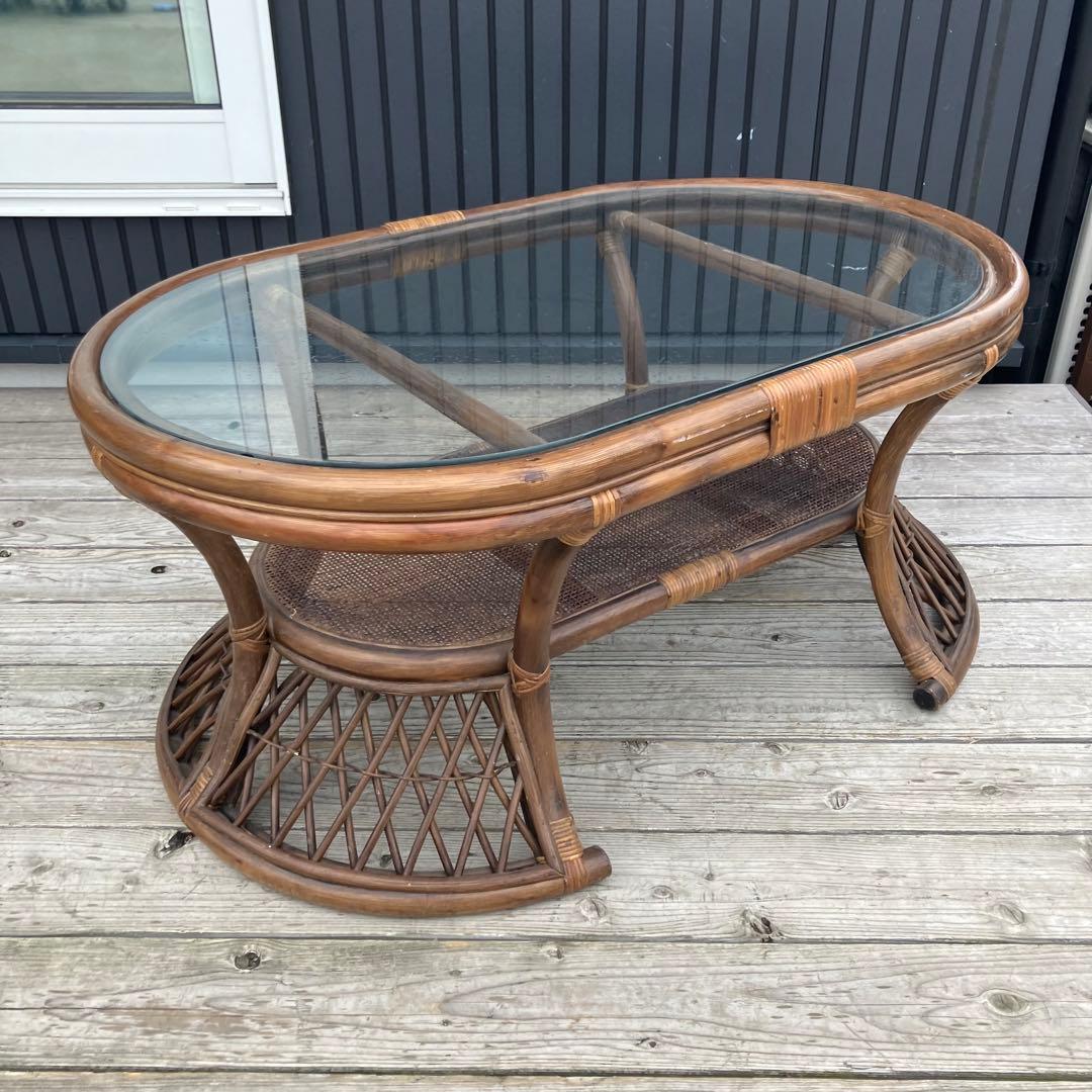 昭和レトロ ヴィンテージ ラタンオーバルテーブル センターテーブル 楕円形