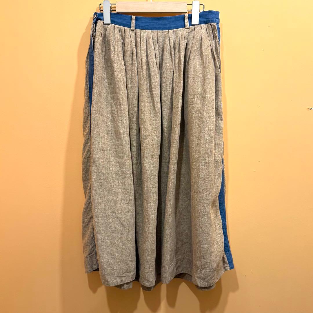 45R スカート インディゴ切り替え プリーツ タック入り 2 リネン
