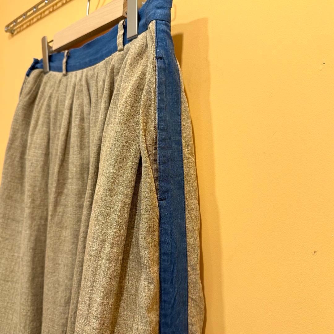 45R スカート インディゴ切り替え プリーツ タック入り 2 リネン