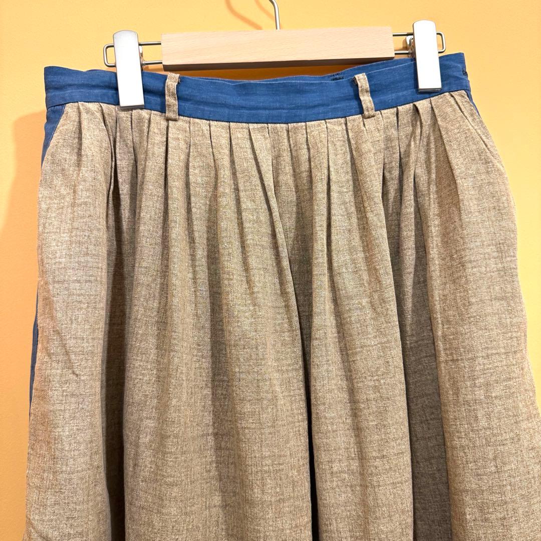 45R スカート インディゴ切り替え プリーツ タック入り 2 リネン